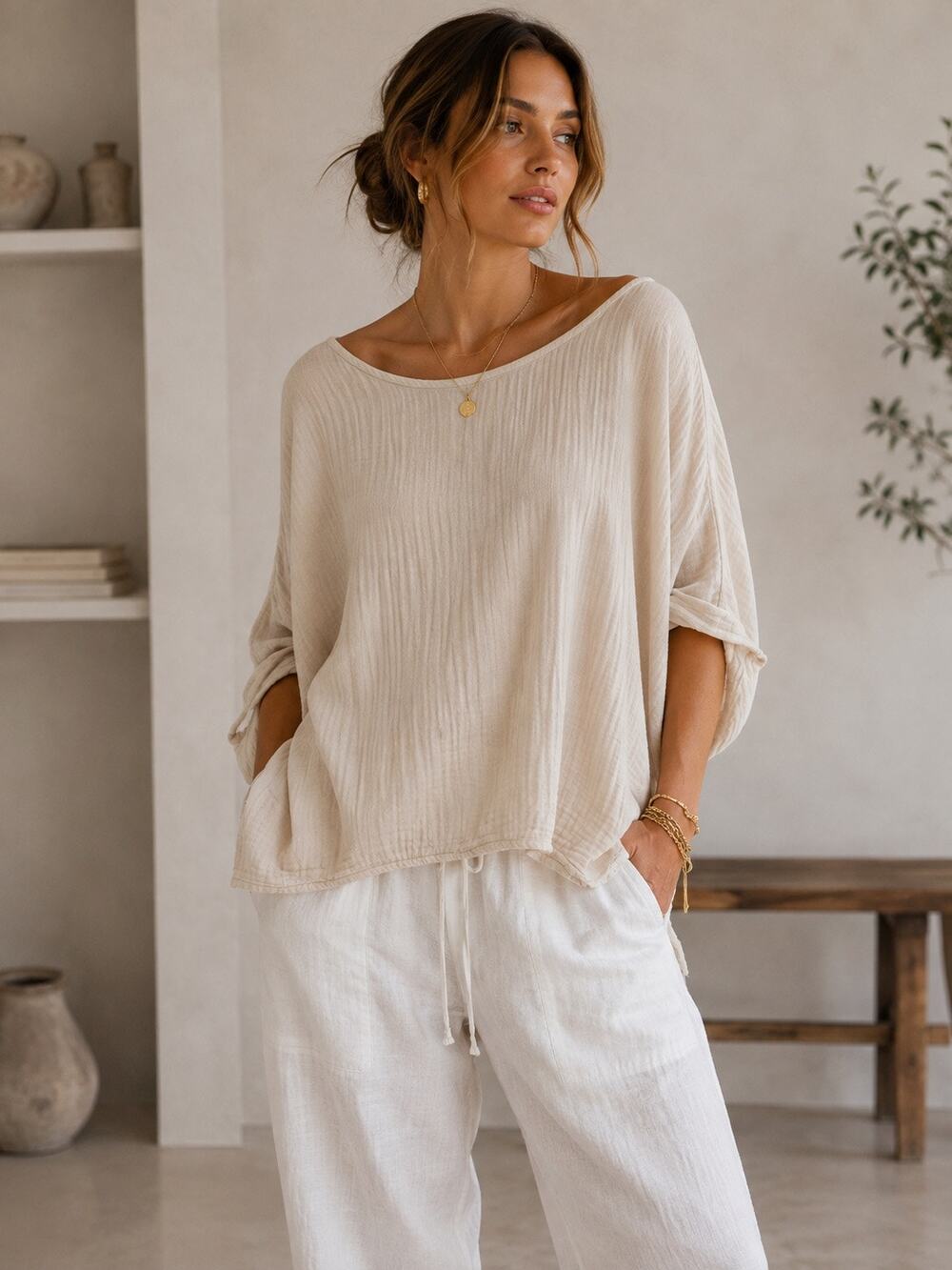 CP Shades Sibella Cotton Dropped Shoulder Boat Neck Blouse Beige Women's Small